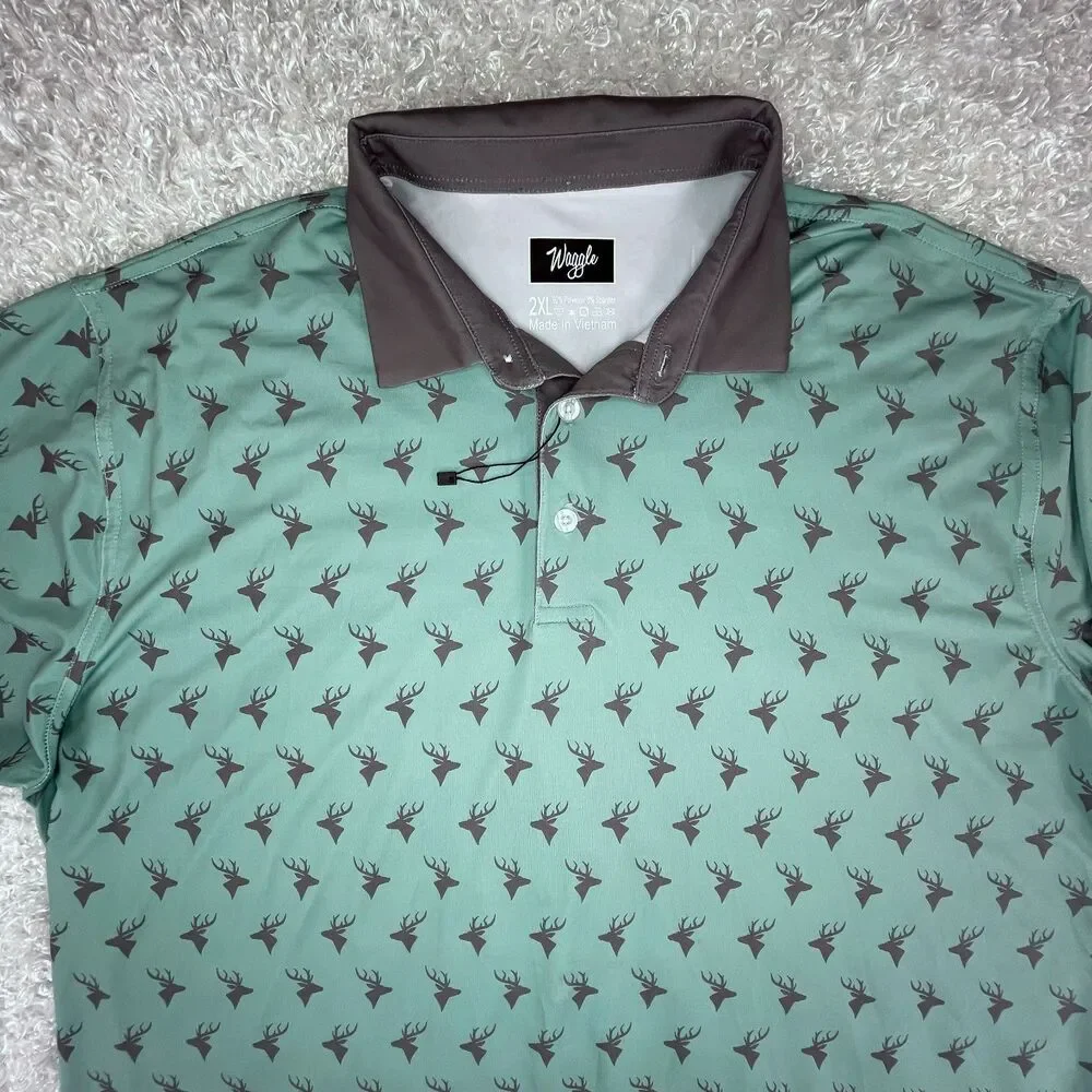NWOT Waggle Golf Polo Men's 2XL Green Deer All Over Print Performance Stretch - Picture 3 of 10